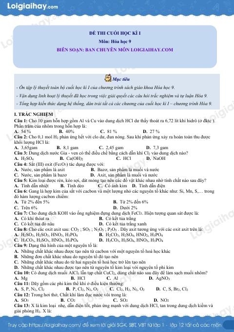 Đề thi học kì 1 Hóa 9 - Đề số 9